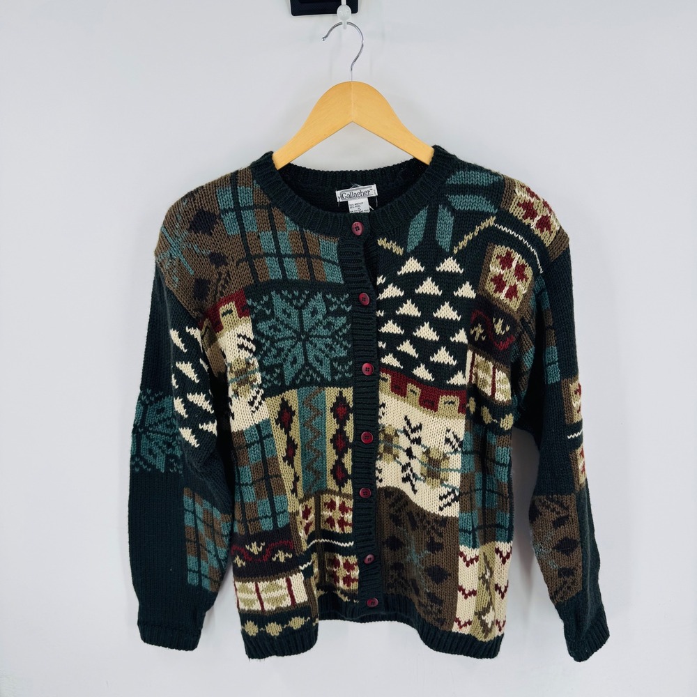 Gallagher Vintage Patchwork Intarsia Knit Cardigan Sweater Green Wool Blend M